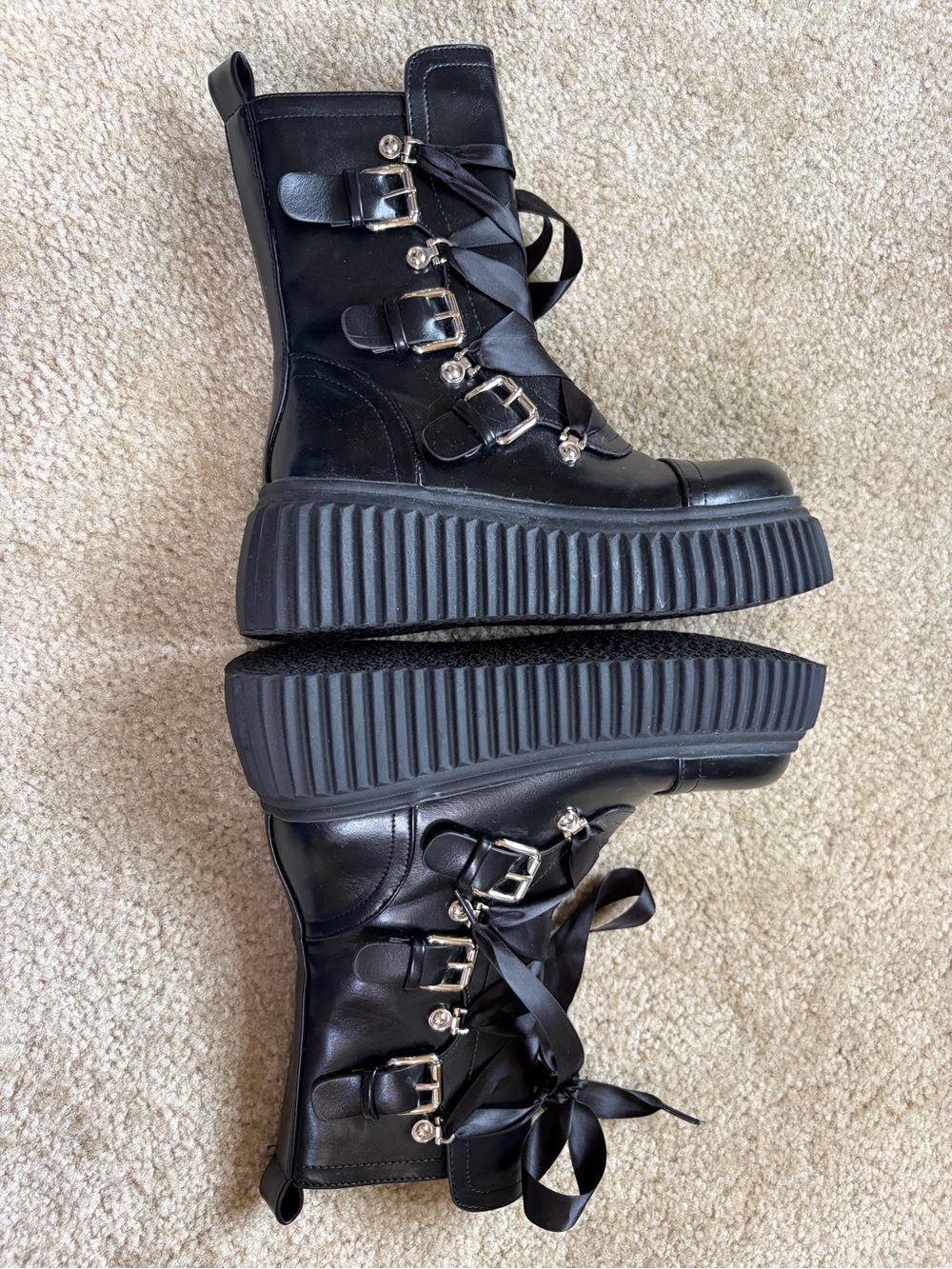 Vivianly Black Platform Lolita Zip Up Combat Boots with Ribbon Laces - Picture 2 of 8